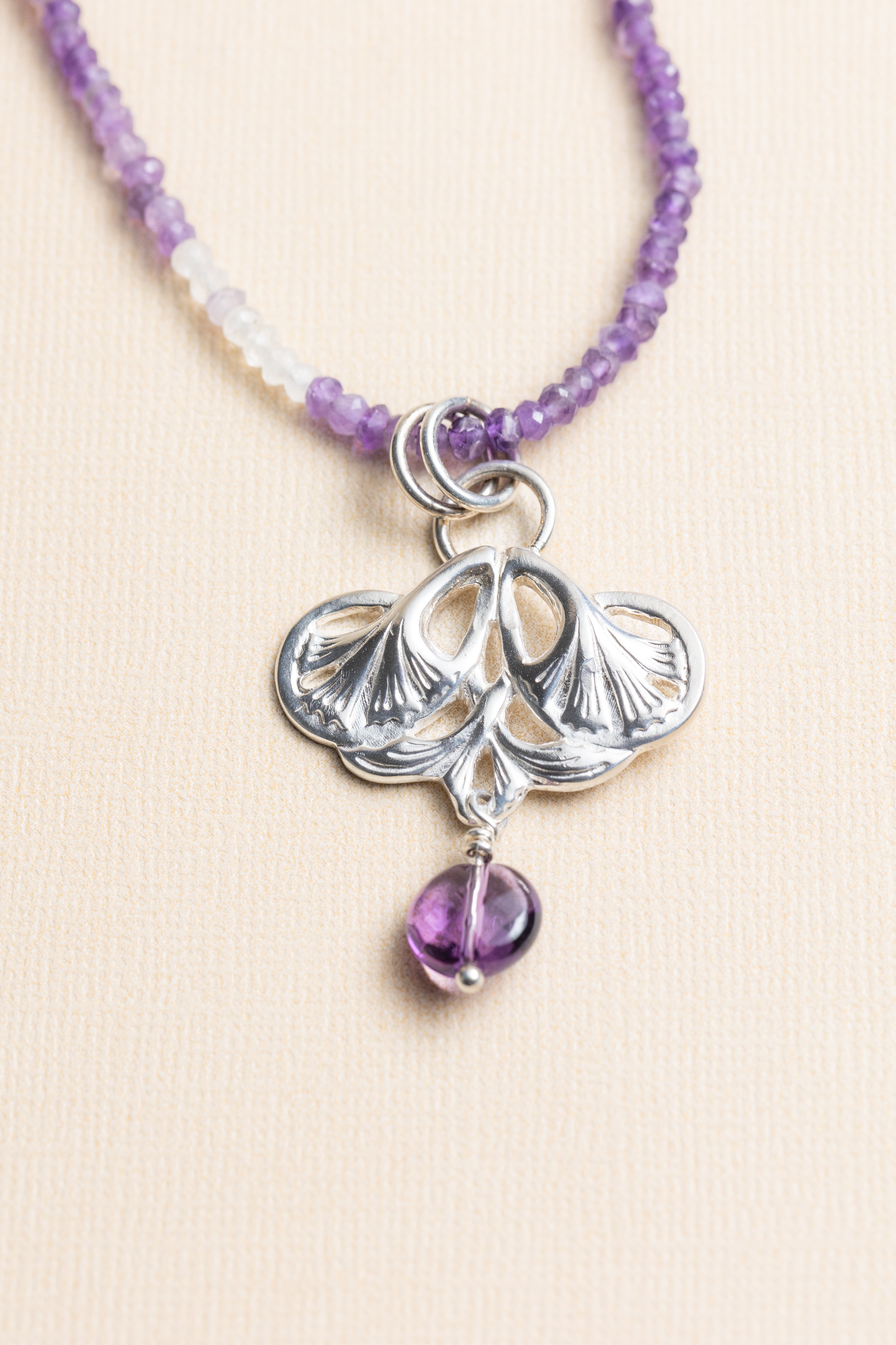 Double Gingko  Leaf Pendant with Amethyst Drop