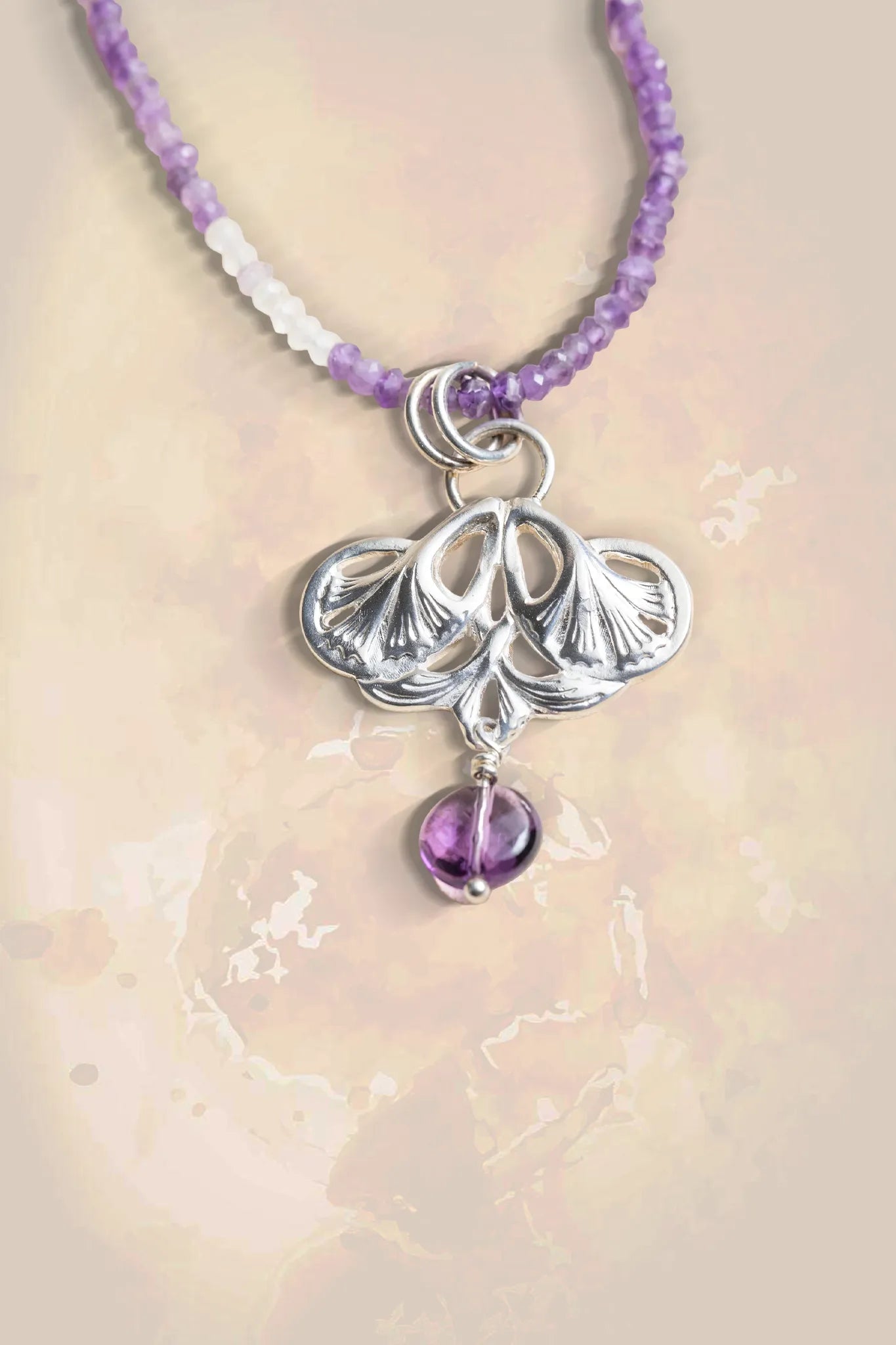 Double Gingko  Leaf Pendant with Amethyst Drop