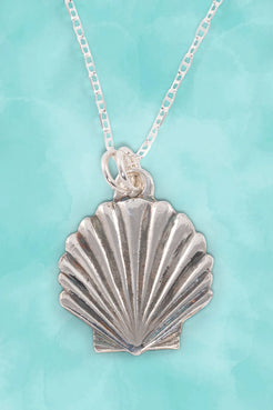 Silver shell pendant necklace on a turquoise background